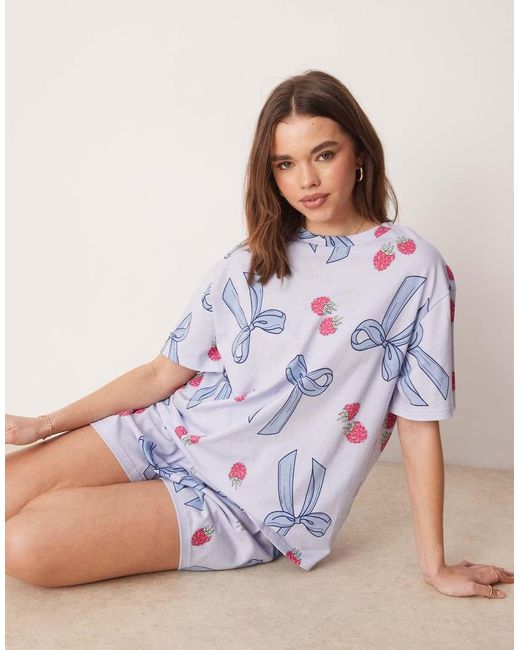 ASOS Blue Bow & Berry Oversized Tee & Short Pajama Set