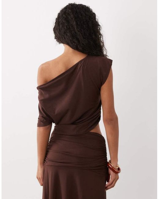 ASOS Brown Floaty Off Shoulder With Cinched Waist Co-ord Top