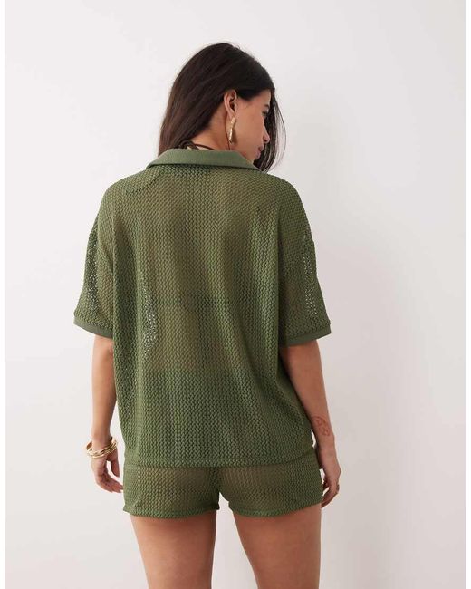 Kaiia Green Exclusive Crochet Collar Detail Oversized Polo Top Co-ord