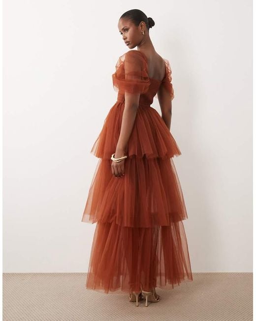 LACE & BEADS Brown Tulle Sweetheart Neck Puff Sleeve Tiered Ruffle Maxi Dress