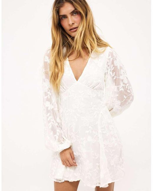 NA-KD White Embroidered Chiffon Long Sleeve Mini Dress