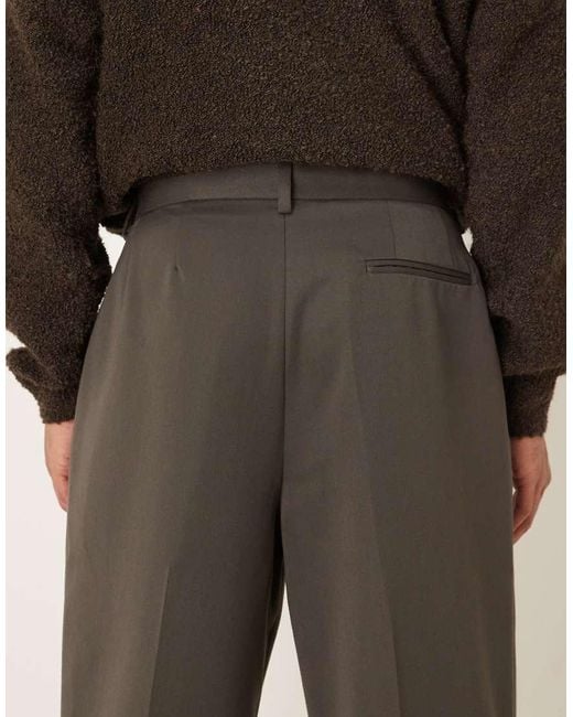 ASOS Brown Tailored Pleated Wide Leg Trousers for men