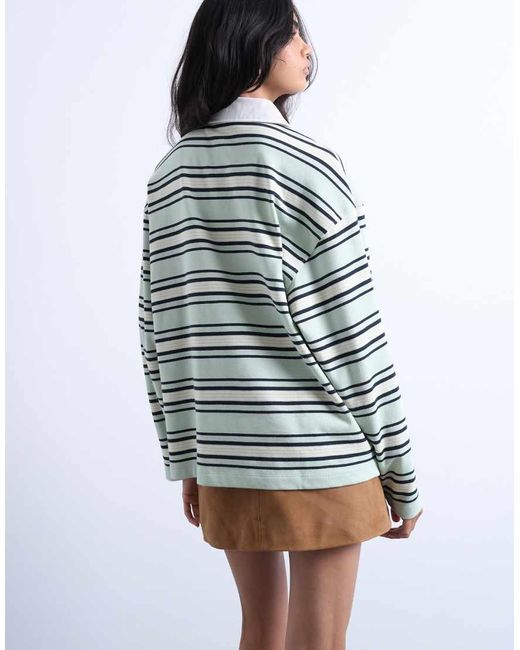 TOPSHOP Gray Jersey Stripe Rugby Long Sleeve Polo