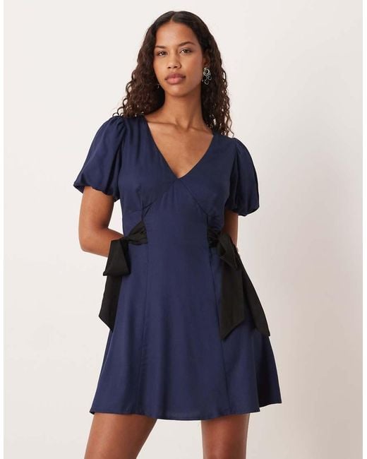 Nobody's Child Blue Remi V Neck Puff Sleeve Bow Side Mini Dress