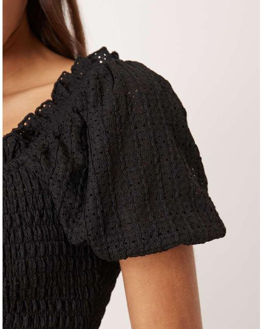 Gina Tricot Blue Puff Sleeve Frill Shirred Top