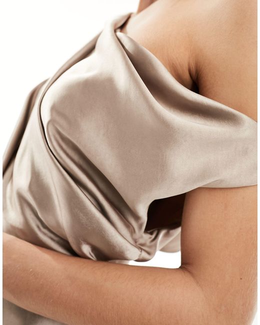 ASOS Natural Satin Off Shoulder Drape Detail Maxi Dress