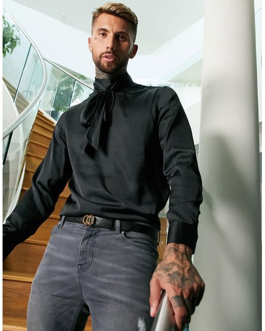 ASOS Regular Fit Satin Shirt With Pussybow Neck Tie in Black for Men | Lyst  Canada