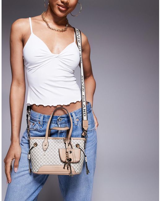 Mini cabas à monogrammes - foncé River Island en coloris Gray