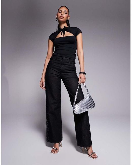 ASOS Black Tie Front Cut Out Cap Sleeve Top