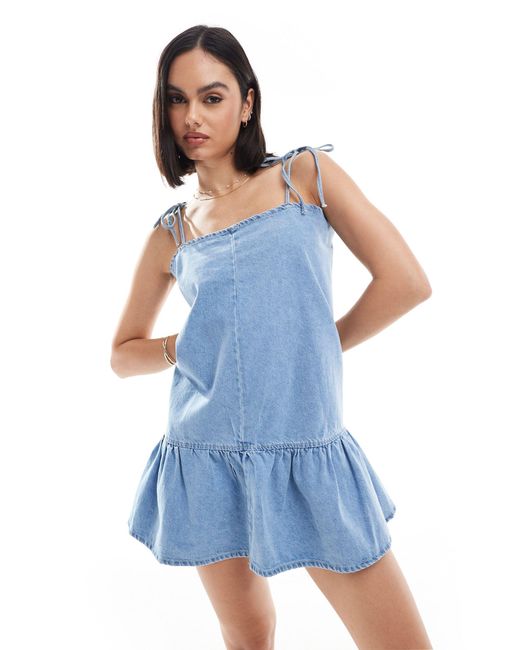 Bershka Blue Denim Strappy Tiered Hem Mini Dress