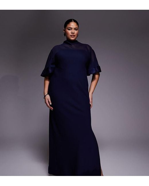 ASOS Blue Asos Design Curve Half Wide Sleeve Column Chiffon And Satin Contrast Dress