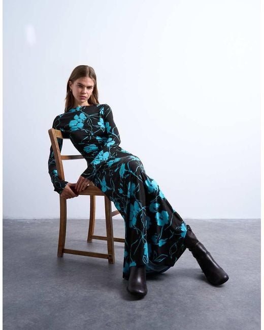 TOPSHOP Blue Floral Print Slash Neck Long Sleeve Maxi Dress