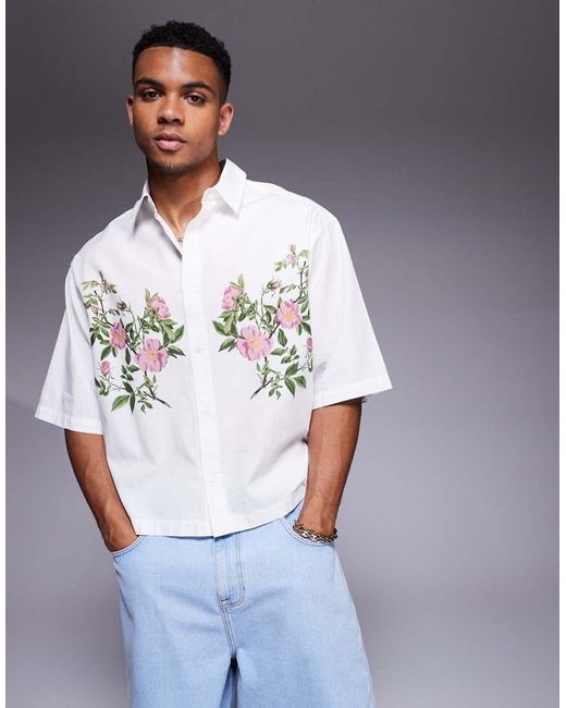 ASOS Oversized Poplin Overhemd Met Rechte Pasvorm En Print in het Blue voor heren
