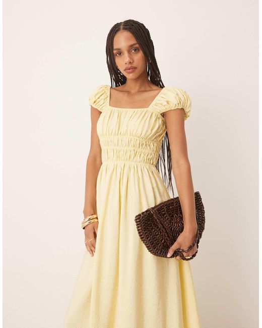 ASOS Natural Square Neck Short Sleeve Midi Dress With Cinched Channel Waist