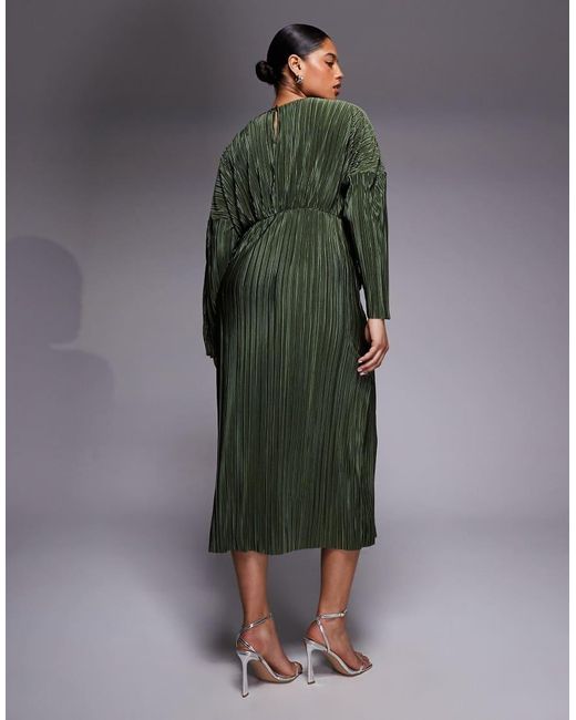 ASOS Green Asos Design Curve Plisse Long Sleeve Drape Waist Midi Dress