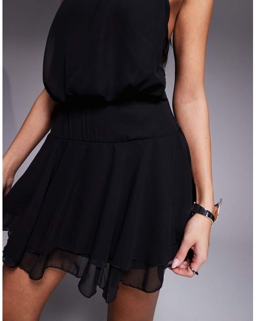 Fashionkilla Black Exclusive Chiffon Halterneck Foldover Detail Ruffle Skirt Mini Dress