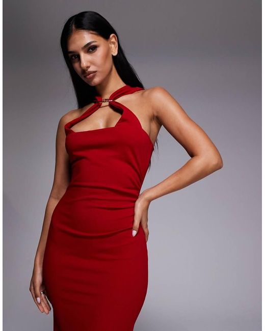 River Island Red Neckline Detail Halterneck Midi Dress