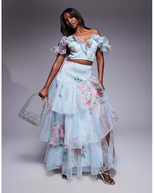 Falda Larga Fruncida Con Estampado Floral De Chifón De (Parte De Un Conjunto) ASOS de color Blue