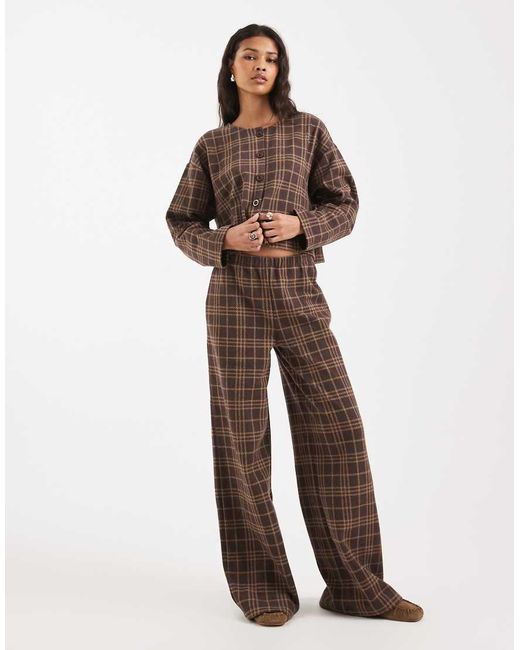 Miss Selfridge Brown Check Soft Rib Wide Leg Trouser
