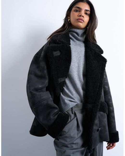 TOPSHOP White Shearling Oversized Car Coat