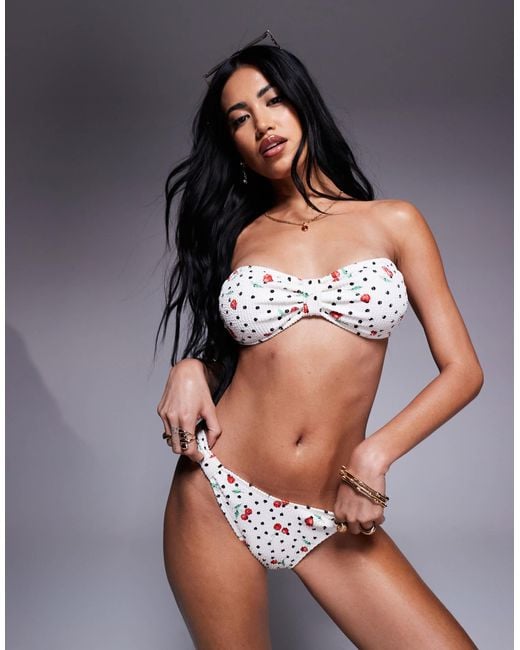 River Island White Cherry Print Crinkle Bandeau Bikini Top
