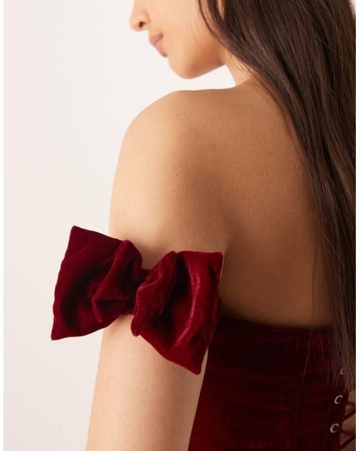 LACE & BEADS Red Off The Shoulder Bows Velvet Mini Dress