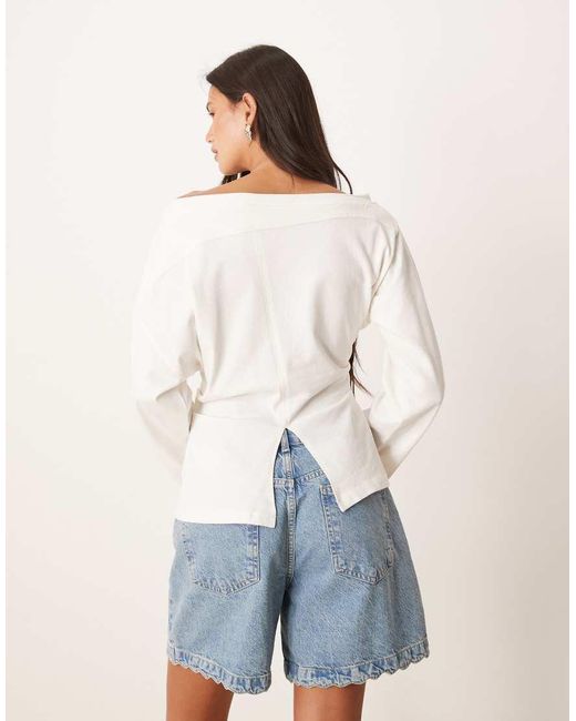 ASOS Blue Long Sleeve Off Shoulder Corset Waist Tee