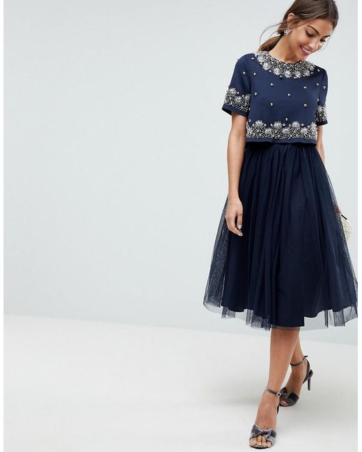 ASOS Blue Embellished Crop Top Tulle Midi Dress