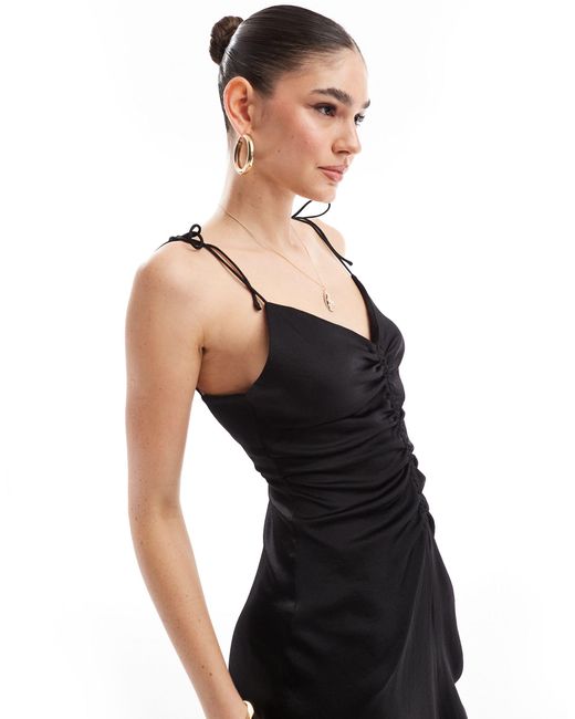 Bershka Black Ruched Front Satin Maxi Dress