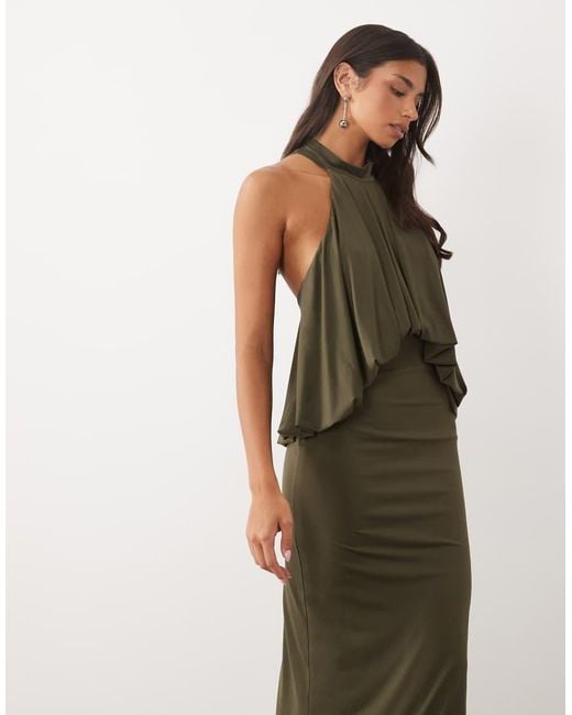 TFNC London Natural Slinky High Neck Halter Detail Open Back Maxi Dress