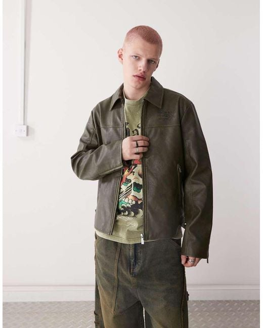 Ed Hardy Green Vintage Washed Vegan Leather Motorcross Jacket for men