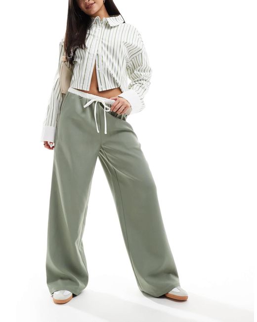 Kaiia Green Exclusive Drawstring Contrast Waist Wide Leg Trousers