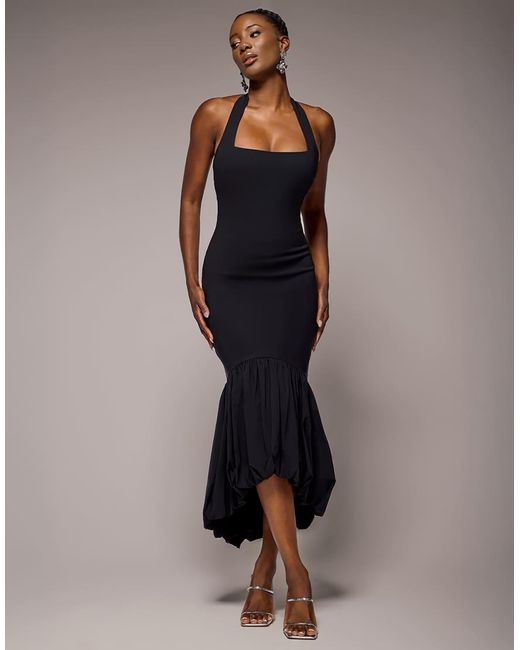Goddiva Blue Halter Neck Puff Hem Mermaid Midaxi Dress