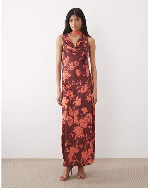 Hope & Ivy Red Satin Cowl Neck Scarf Maxi Dress