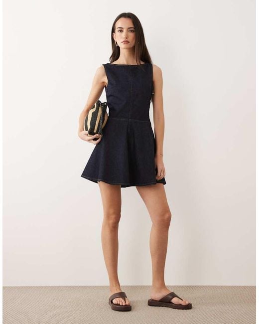 ASOS Blue Denim Slash Neck Flippy Mini Dress