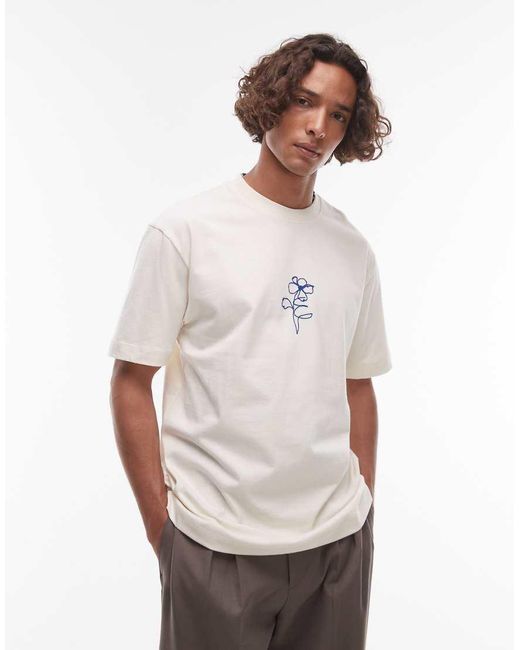 Topman White Premium Relaxed Fit T-shirt With Flower Sketch Embroidery for men