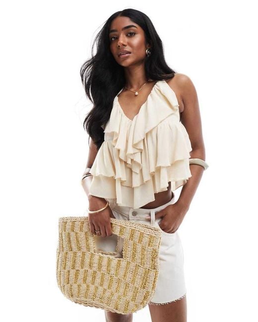 Bershka Natural Crinkle Halterneck Ruffle Top