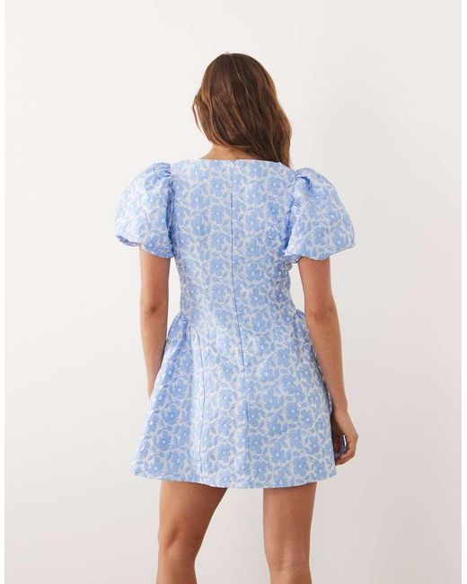Sister Jane Blue Bilberry Jacquard Round Neck Puff Sleeve Mini Dress