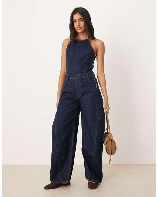 Abercrombie & Fitch Blue Halterneck Barrel Leg Denim Jumpsuit