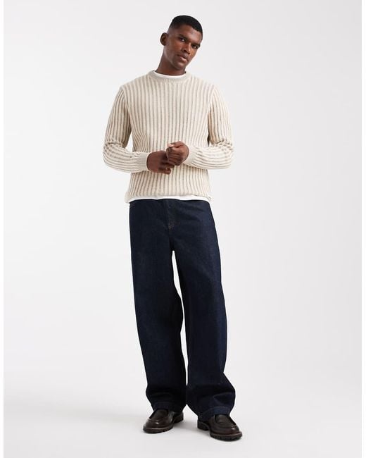 Only & Sons Regular-Fit Gebreide Gestreepte Trui Met Textuur in het White voor heren