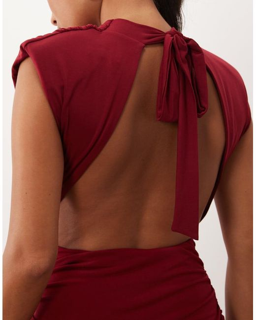 TFNC London Red Slinky Draped High Neck Shoulder Pad Open Back Maxi Dress