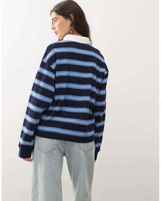 Lioness Blue Countryside Contrast Collar Detail Cuffed Oversized Jersey Top