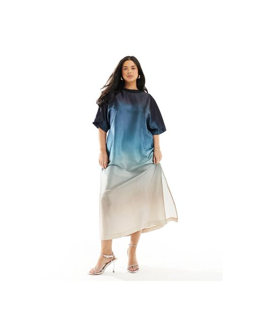 ASOS Blue Asos design curve – t-shirt-midikleid aus satin mit farbverlauf