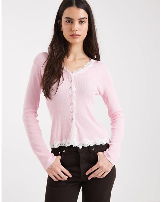 Miss Selfridge Lace Trim Cardigan in Pink Lyst