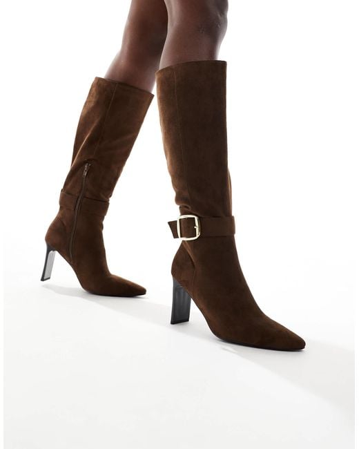 London Rebel Brown Leah Kitten Heel Knee Boots With Buckle Detail