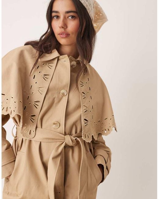 Miss Selfridge Natural Broderie Detail Cape Crop Trench