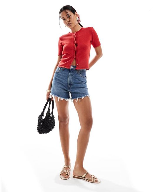 ASOS Red Scallop Trim Short Sleeve Cardigan With Gold Buttons