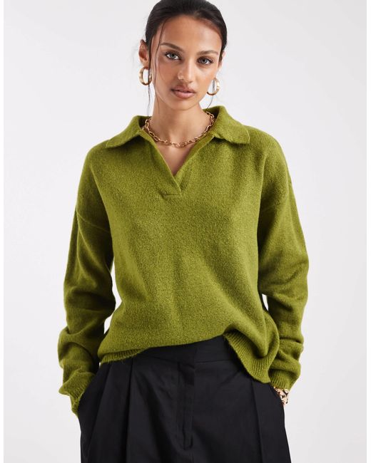 asos-fluffy-knitted-polo-top-in-green-lyst