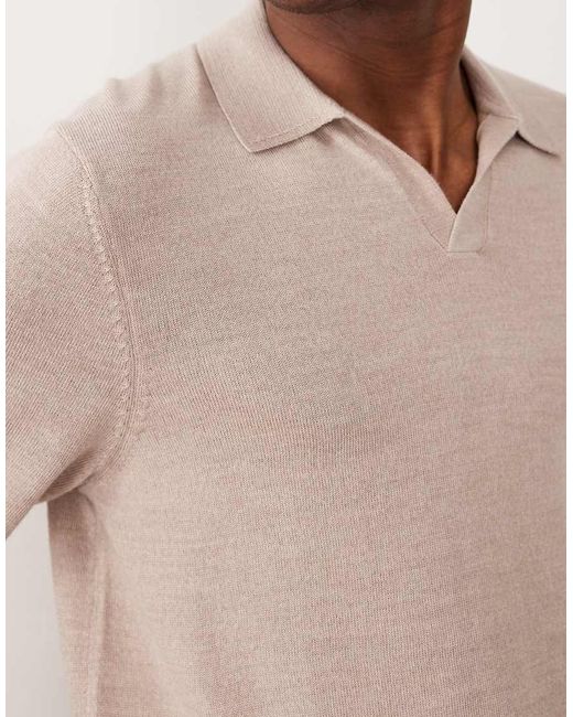ASOS Natural Knitted Pure Merino Wool Notch Neck Polo Shirt for men