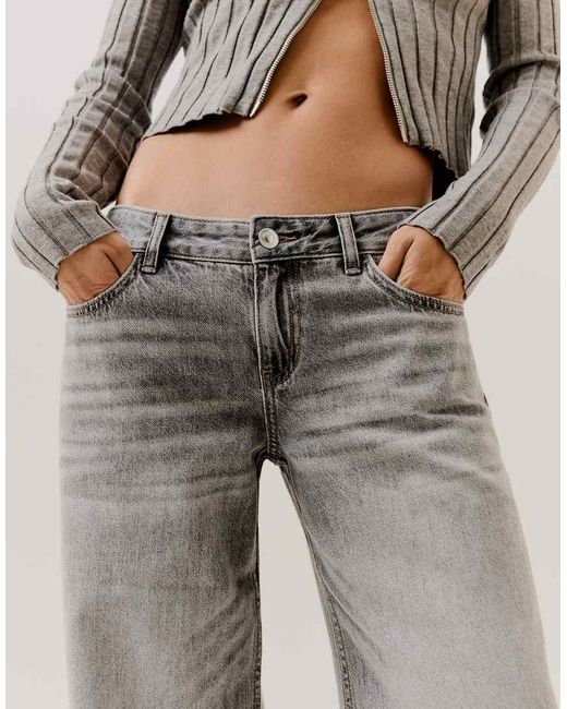 Bershka Gray Low-Rise Wide-Leg Jeans